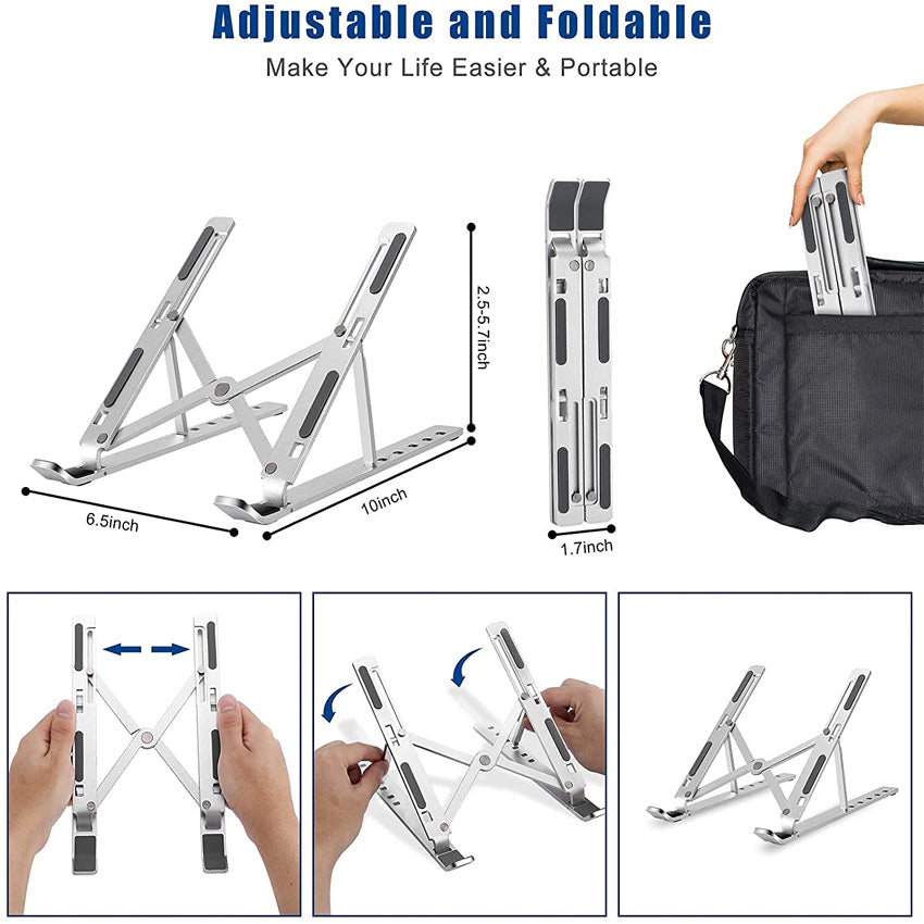 Adjustable Foldable Aluminum Laptop & Tablet Stand | Portable Ergonomic Laptop Stand for MacBook, Dell, HP, Lenovo, iPad & Tablets | Height Adjustable Cooling Notebook Stand