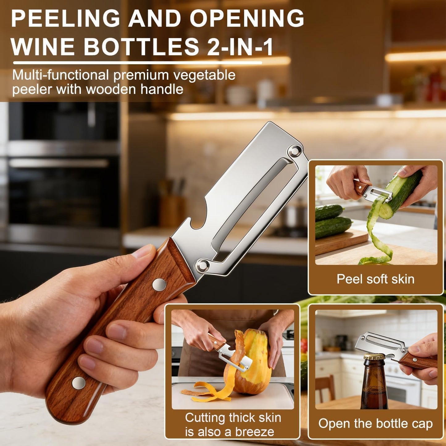 3-in-1 Multi-Functional Vegetable Peeler & Kitchen Knife with Wooden Handle