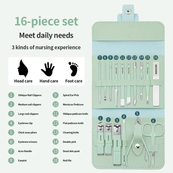 16-Piece Premium Personal Manicure & Pedicure Grooming Kit – Professional Stainless Steel Nail Clippers & Care Set with Travel Case