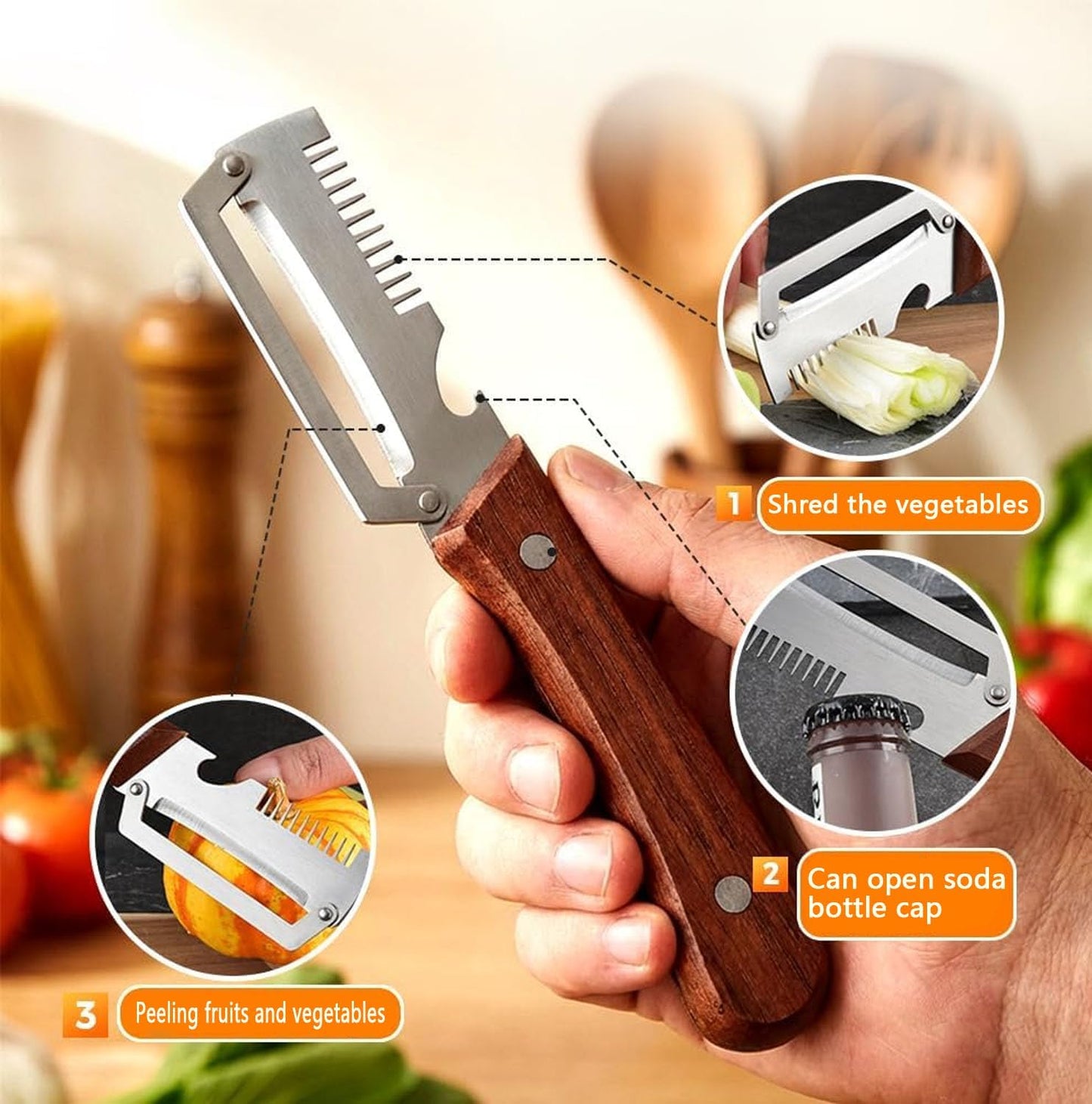 3-in-1 Multi-Functional Vegetable Peeler & Kitchen Knife with Wooden Handle