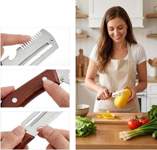 3-in-1 Multi-Functional Vegetable Peeler & Kitchen Knife with Wooden Handle