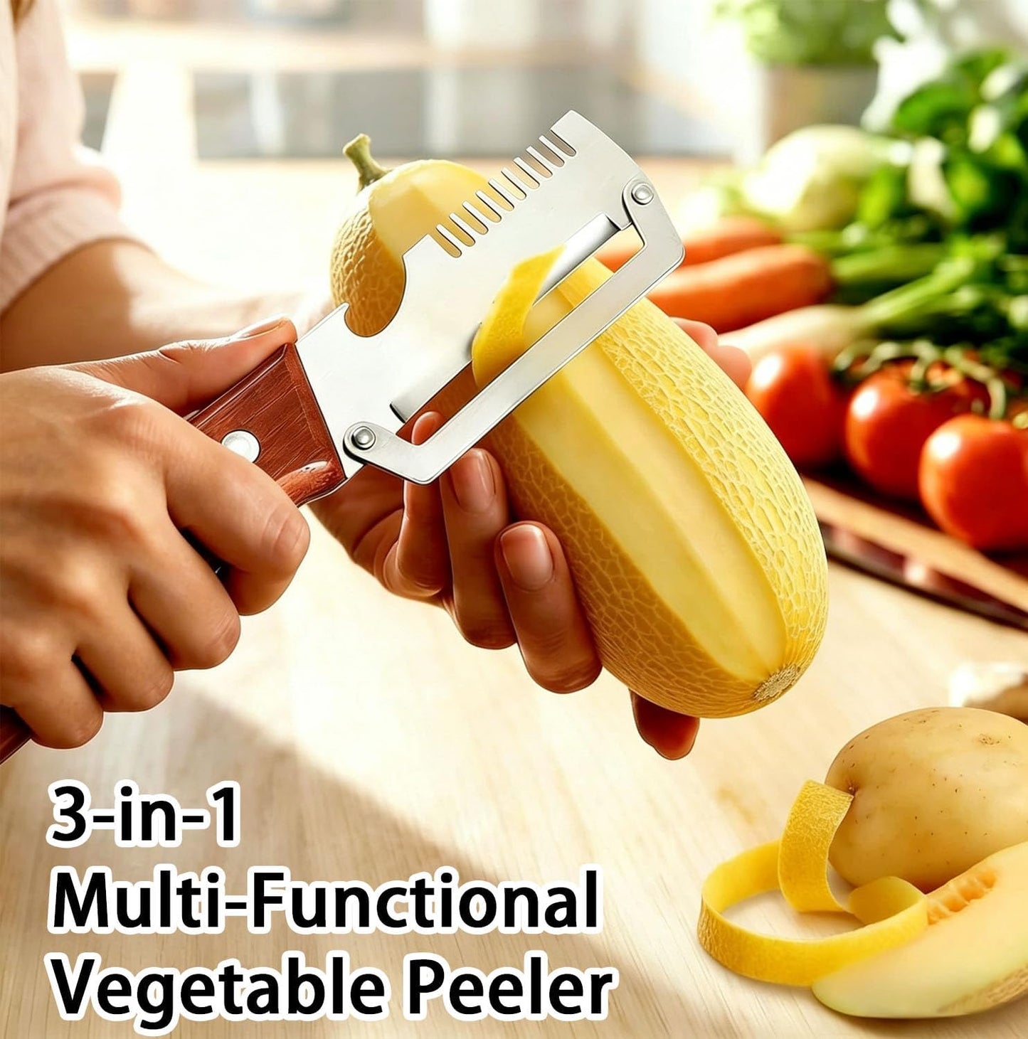 3-in-1 Multi-Functional Vegetable Peeler & Kitchen Knife with Wooden Handle