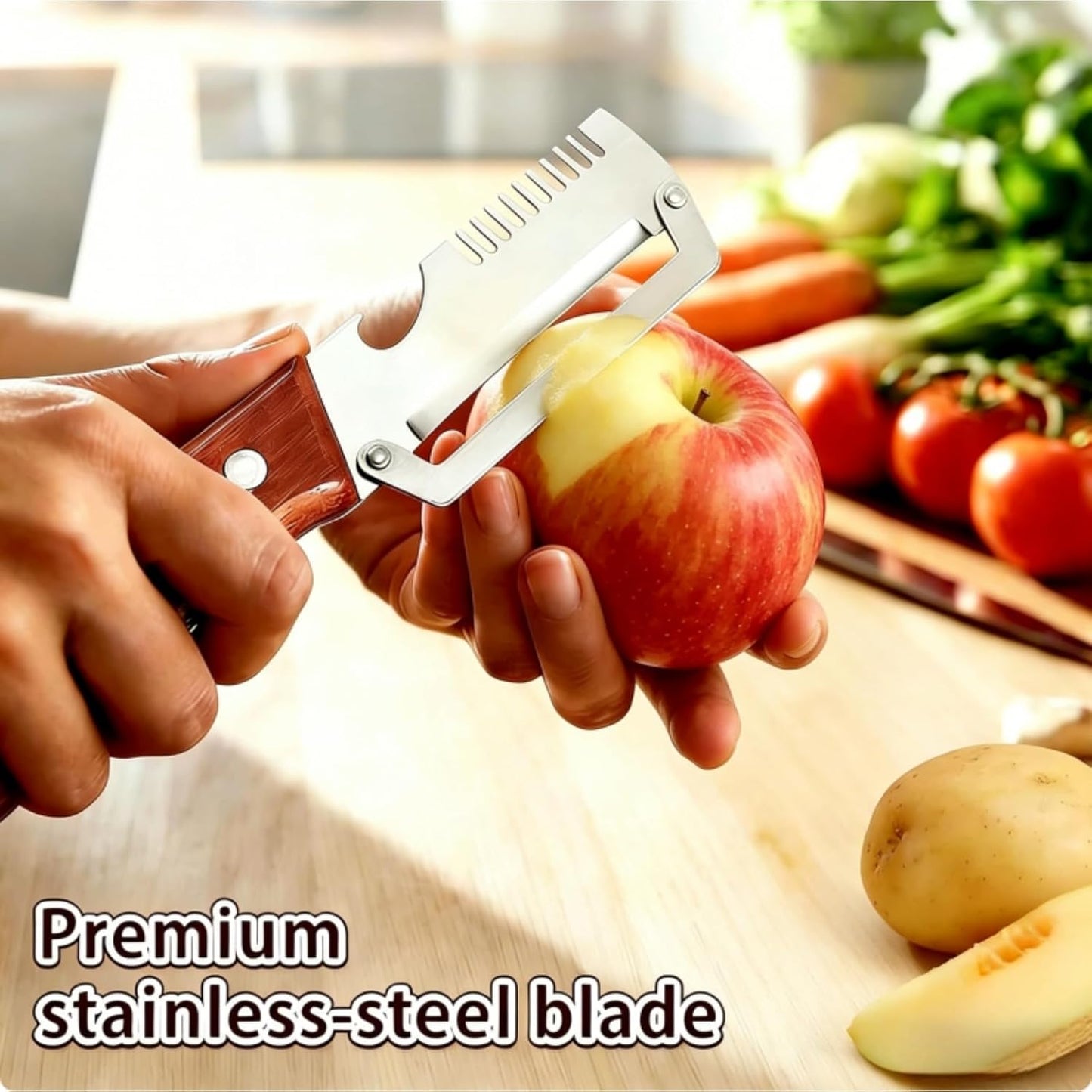 3-in-1 Multi-Functional Vegetable Peeler & Kitchen Knife with Wooden Handle
