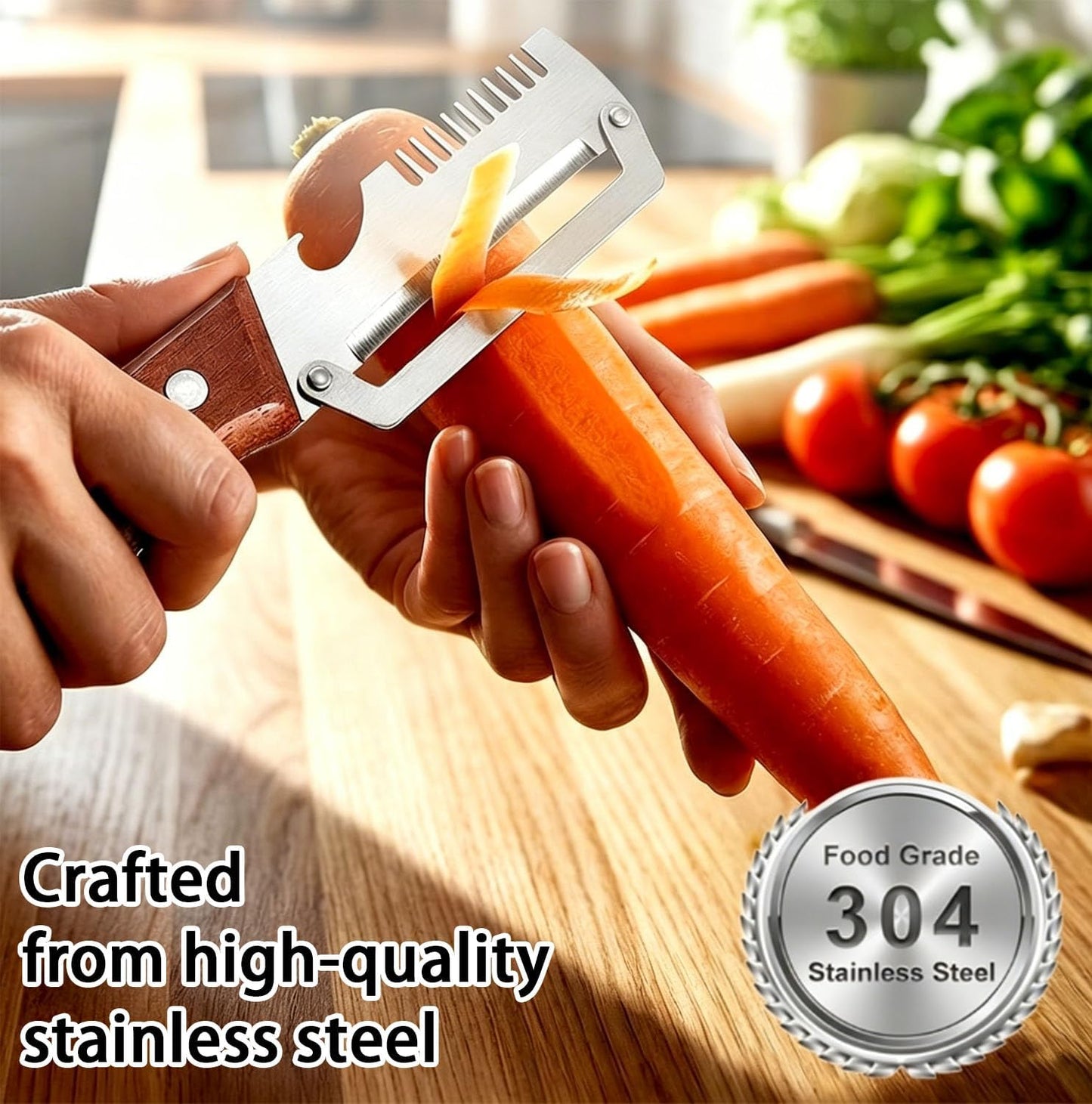 3-in-1 Multi-Functional Vegetable Peeler & Kitchen Knife with Wooden Handle