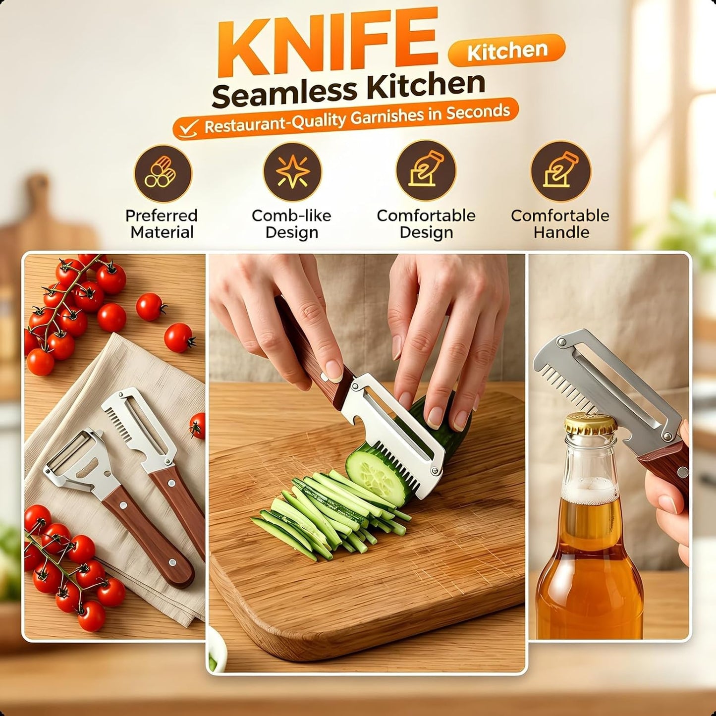 3-in-1 Multi-Functional Vegetable Peeler & Kitchen Knife with Wooden Handle