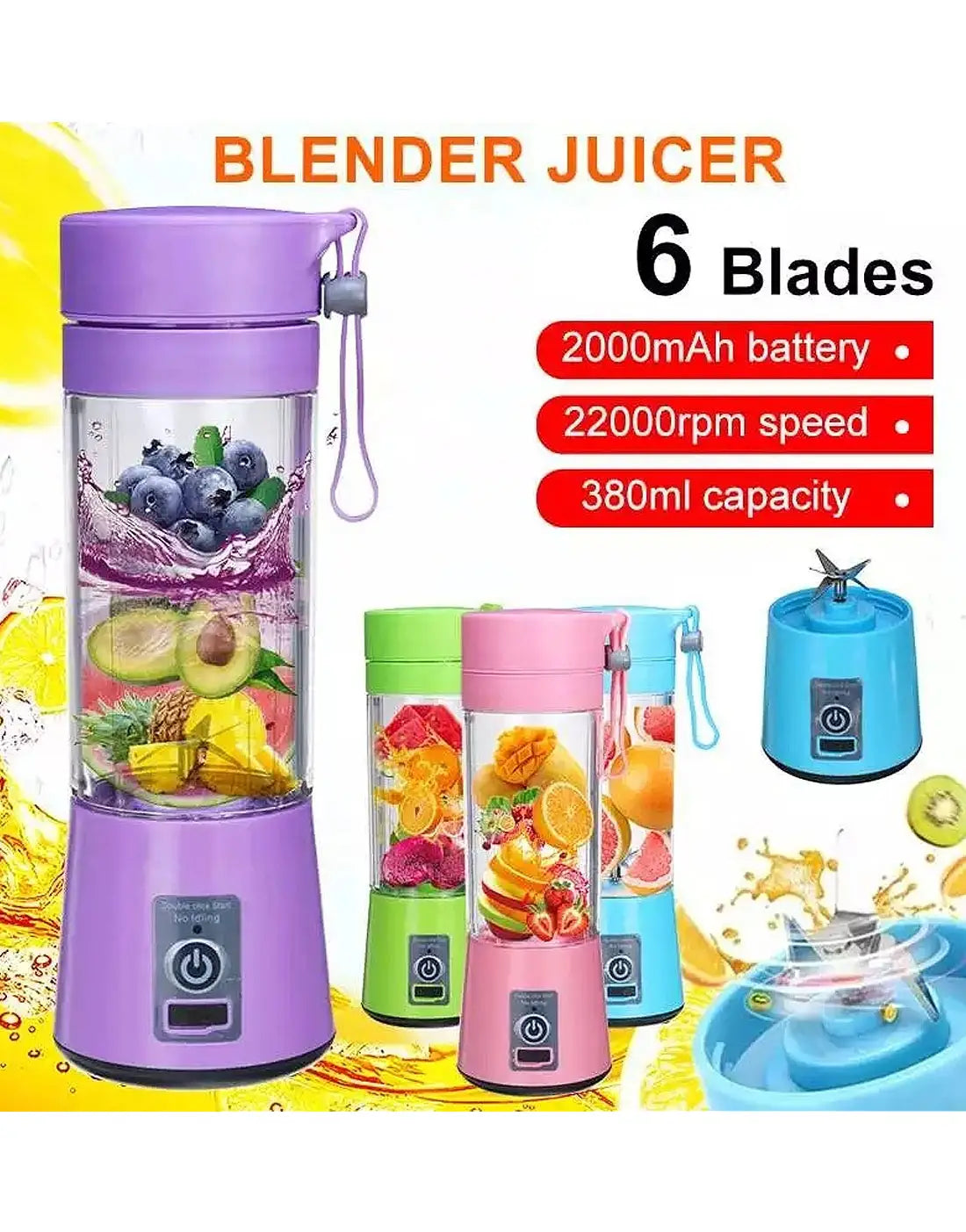 USB Rechargeable Portable Mini Blender Juicer 380ml – 6 Blade Personal Smoothie Maker for Shakes, Fresh Juice, Protein Drinks & Travel