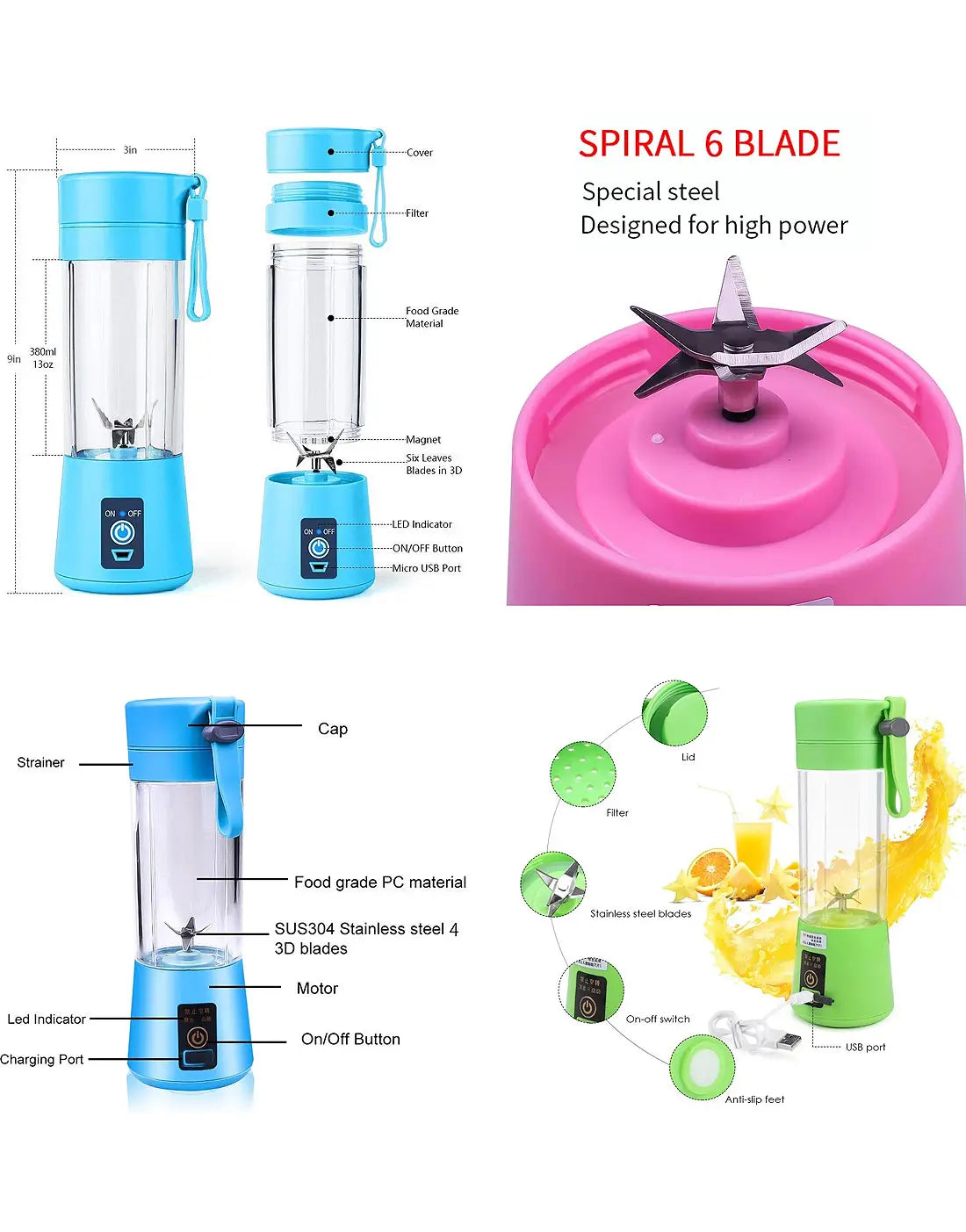 USB Rechargeable Portable Mini Blender Juicer 380ml – 6 Blade Personal Smoothie Maker for Shakes, Fresh Juice, Protein Drinks & Travel